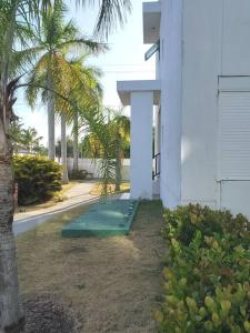 a green mat in front of a building with palm trees at Beautiful beachside apartment w/ terrace, balcony. 