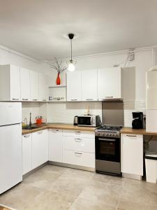 a kitchen with white cabinets and a stove top oven at Apartment Mara 1 in Timişoara