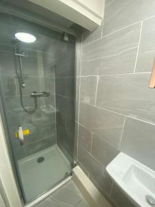 a bathroom with a shower and a sink at MBA COSY 4 bedroom house in Leavesden Green