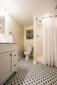 La salle de bains est pourvue de toilettes, d'un lavabo et d'une douche. dans l'établissement Wild Coast Wilderness Resort, à Port Renfrew