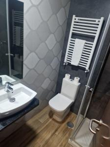 a bathroom with a toilet and a sink and a mirror at Hostal Corazón de Madrid in Madrid