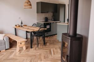 a kitchen and living room with a wood stove at Lasosfera Lasówka in Lasowka