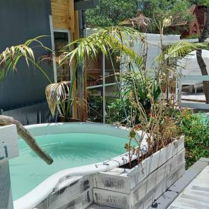un bain à remous dans un jardin avec des plantes dans l'établissement La Fuerza Del Destino, à Piriápolis