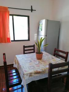 - une cuisine avec une table et une plante en pot dans l'établissement Casita Esmeralda, à El Cuyo