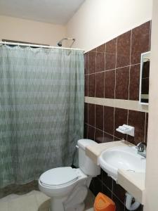 een badkamer met een toilet, een wastafel en een douche bij Casita Esmeralda in El Cuyo