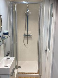 a shower with a glass door next to a sink at Lovely 1 bed flat 200 metres from beach in Walton-on-the-Naze