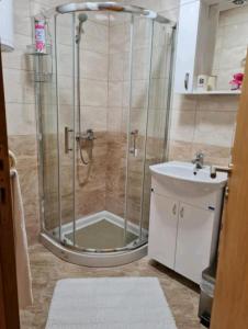 a shower with a glass door next to a sink at Apartman TIM LUX 1 in Vrnjačka Banja +22 photos