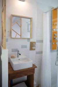 y baño con lavabo, espejo y ducha. en Studio Soualiga Orient Bay en Saint Martin