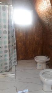 a bathroom with a toilet and a shower curtain at Hotel Hacienda Casa Blanca in Tinogasta