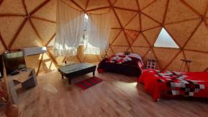 um quarto com uma yurt com uma cama e uma televisão em Hotel Hacienda Casa Blanca em Tinogasta