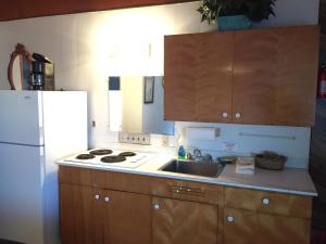 a kitchen with a sink and a white refrigerator at Chris by the Sea Motel in Ocean Shores