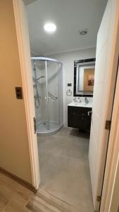 a bathroom with a shower and a sink at Rengo Central Market in Rengo