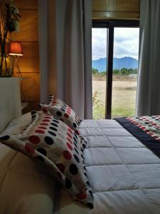 a bed with pillows and a window with a view at Cabañas Parque Chaqueihua in Hornopiren