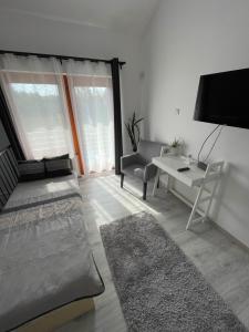- un salon avec un canapé et une table dans l'établissement Martina apartman, à Gyula
