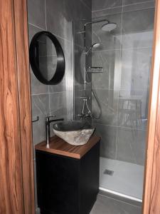 uma casa de banho com um lavatório e um chuveiro em Maria's Apartment 2 em Galata