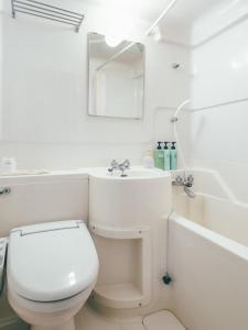 La salle de bains est pourvue de toilettes, d'un lavabo et d'une baignoire. dans l'établissement Toyohashi Station Hotel / Vacation STAY 66965, à Toyohashi