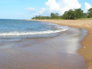 a sandy beach with waves crashing on the shore at Wagait Beach Holiday Houses in Wagait Beach