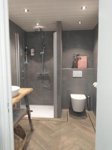 uma casa de banho com um chuveiro, um WC e um lavatório. em B&Bslapenopeeneiland em Kaag
