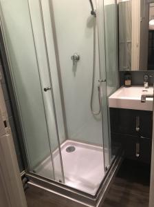 a shower with a glass door next to a sink at Les bords du lac in Cany-Barville