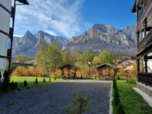 a driveway with mountains in the background at Eminescu Premium Luxury Apartments in Buşteni