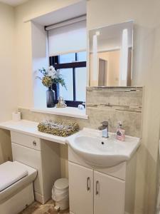 a bathroom with a sink and a mirror and a toilet at Cosy cottage in the heart of Pateley Bridge. in Pateley Bridge