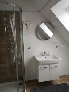 a bathroom with a shower and a sink and a mirror at Ferienwohnung Steinkämpe in Wriedel