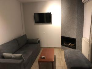 sala de estar con sofá y chimenea en Alkyonis Hotel & Spa, en Kato Loutraki