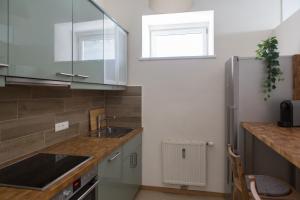 a kitchen with a sink and a refrigerator at Charming City Apartment in Graz