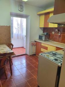 uma cozinha com fogão forno superior ao lado de uma mesa em Apartament Remali em Oradea