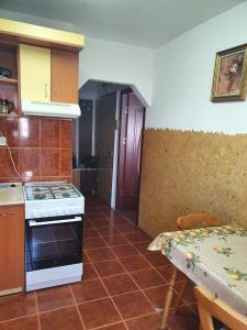uma cozinha com um fogão e uma mesa em Apartament Remali em Oradea