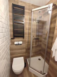 ein Bad mit einem WC und einer Dusche in der Unterkunft Szmaragdowy Apartament nad Zalewem in Serock