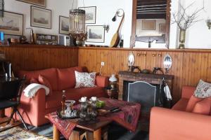 uma sala de estar com mobiliário vermelho e uma lareira em Πέτρινος παραδοσιακός ξενώνας Αλεξάνδρα 