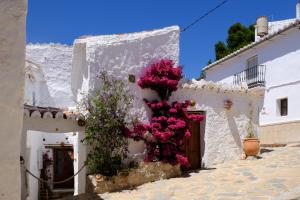 un edificio blanco con flores rosas. en The Studio Under The Wall, a colourful, small and unique one bedroom studio in Comares en Comares