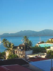 a view of a body of water with palm trees and houses at Résidence les 2 MONTOUT in Le Gosier