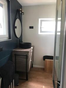 een badkamer met een wastafel en een spiegel bij Villa refaite à neuf à 200 mètres de la plage in Soulac-sur-Mer