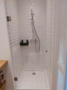 a shower with a glass door in a bathroom at Entre Deux Eaux in Lanaken