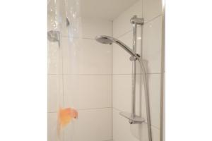 a shower with a glass door and a orange fish at Ferienhaus Noordwijk Zee & Strand in Noordwijk