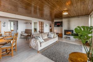 a living room with a couch and a fireplace at Lapland Sunrise Cottage with lakefront Sauna in Rovaniemi