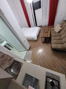 uma vista para uma sala de estar com um sofá e um espelho em Family house em Borjomi