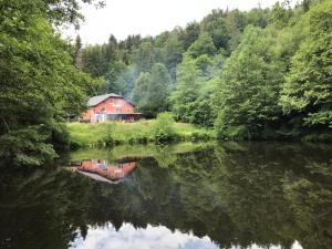 una casa a orillas de un río con un reflejo en el agua en Accomodatie in Villa Werschmatt, en Kruth