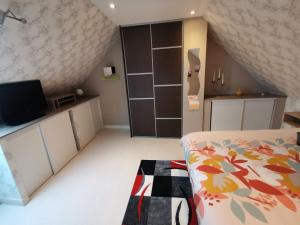 a bedroom with a bed and a tv and a closet at Les Arches. in Méneslies