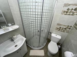 La salle de bains est pourvue d'une douche, de toilettes et d'un lavabo. dans l'établissement Vert Studio, à Onești