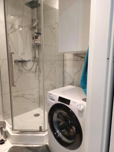 a washing machine in a bathroom with a shower at APARTAMENT KOSMOS GORZOW in Gorzów Wielkopolski