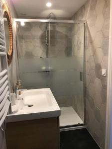 a bathroom with a glass shower and a sink at Le Petit Nid d'Honfleur in Honfleur