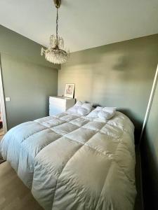 ロヴァニエミにあるApartment Elviiraのシャンデリア付きのベッドルームの大きな白いベッド