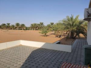 Spacious Farm Stay with 3 bedroom & relaxing view في Remah: اطلالة على شاطئ فيه نخل ومبنى