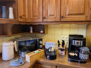 um balcão de cozinha com um micro-ondas e comodidades para preparar café em Messe- & Ferienhaus Gertraud am Ludwigskanal em Wendelstein