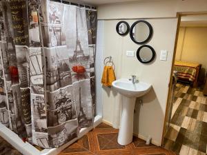 a bathroom with a sink and a shower curtain at PICHIDANGUI, Los Chincoles depto 2 personas OBS LA ALTURA DEL DEPTO ES DE 1 70 CM in Pichidangui