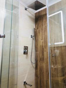 a bathroom with a shower with a glass door at Imperium DK Apartament in Giurgiu