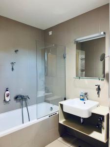 a bathroom with a sink and a bath tub and a sink at Villa Mari I in Maribor